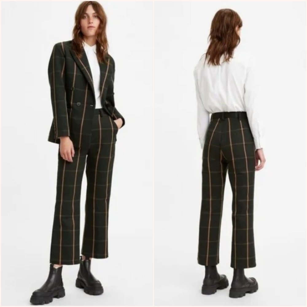 NWT Levi's Math Club Flare High Waisted Trousers Black/Tan Plaid Size 29